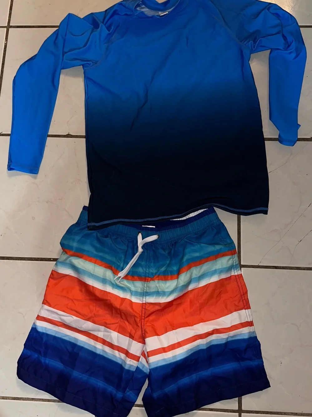 Kids Blue Gradient Rash Guard and Striped Swim Trunks Set
